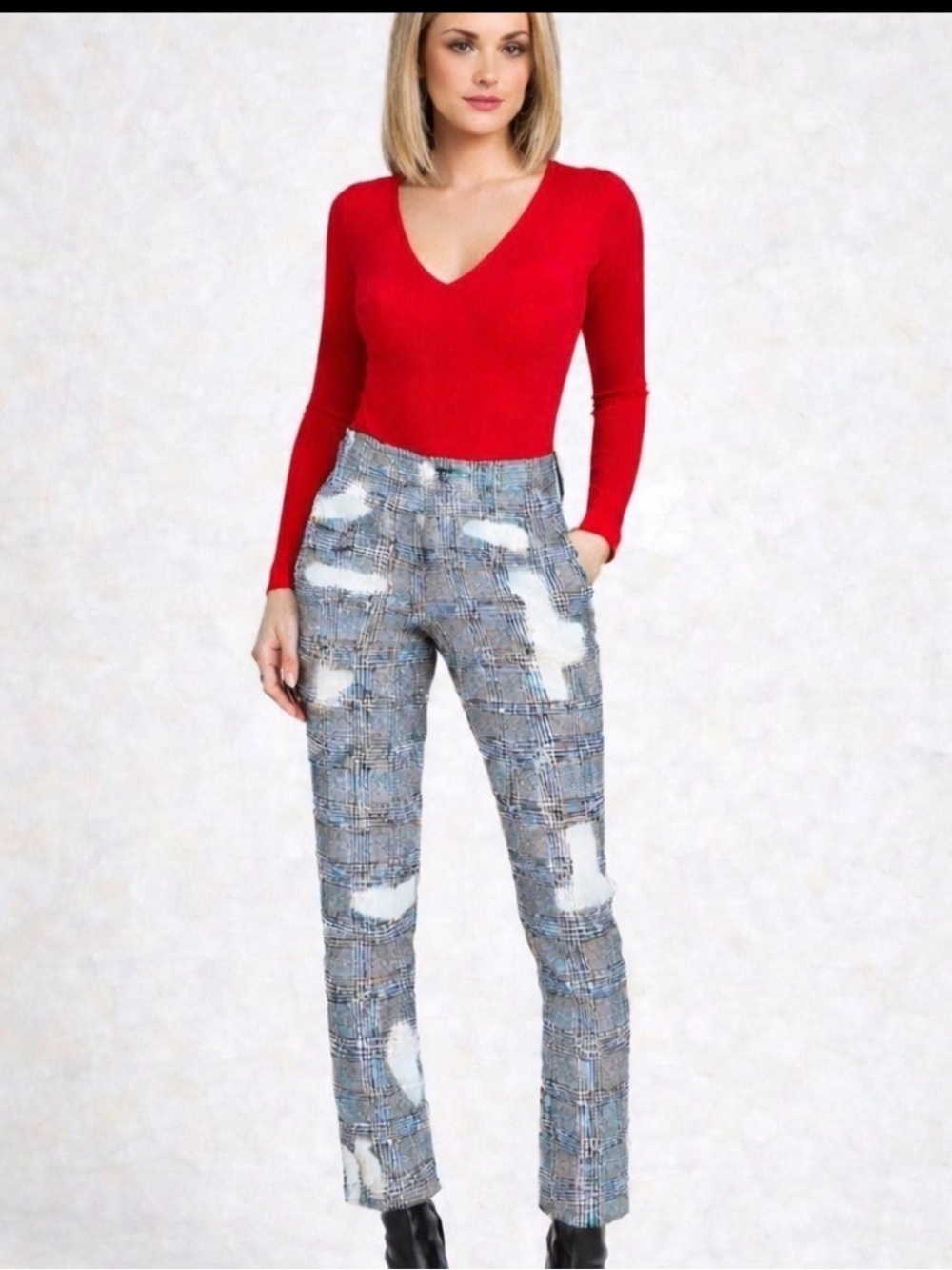 Insight Straight-Leg Plaid Jeans with White Patch Details - Blue/White
